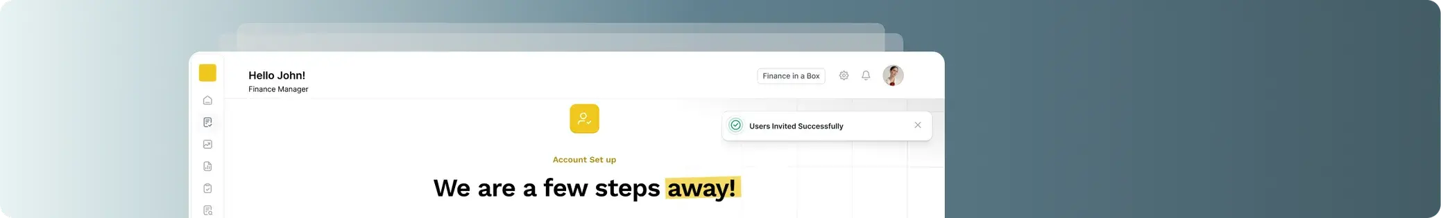 The FinOpz account set-up screen, showing a finance manager's dashboard